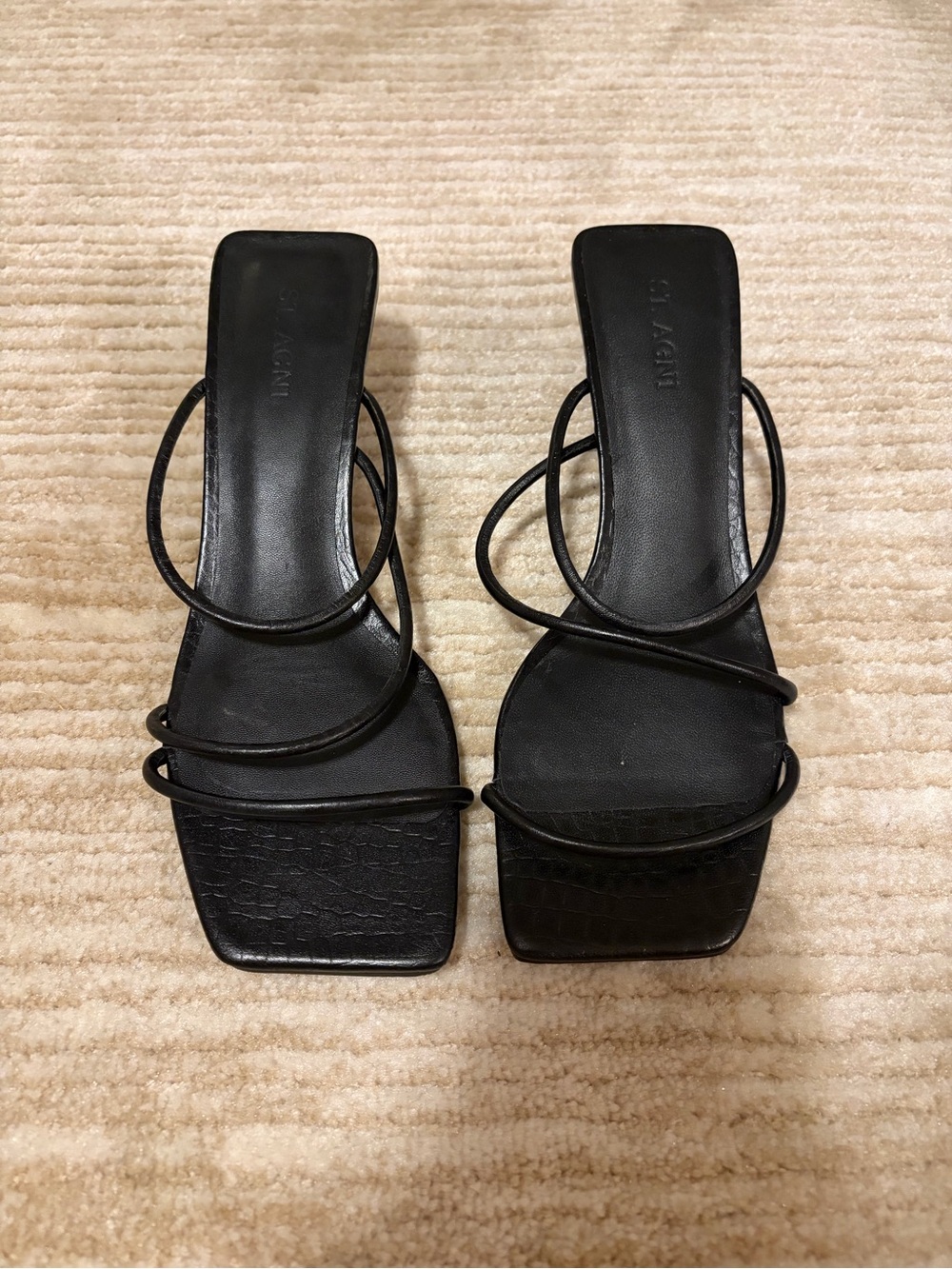 St. Agni Black Strappy Square-Toe Sandals
